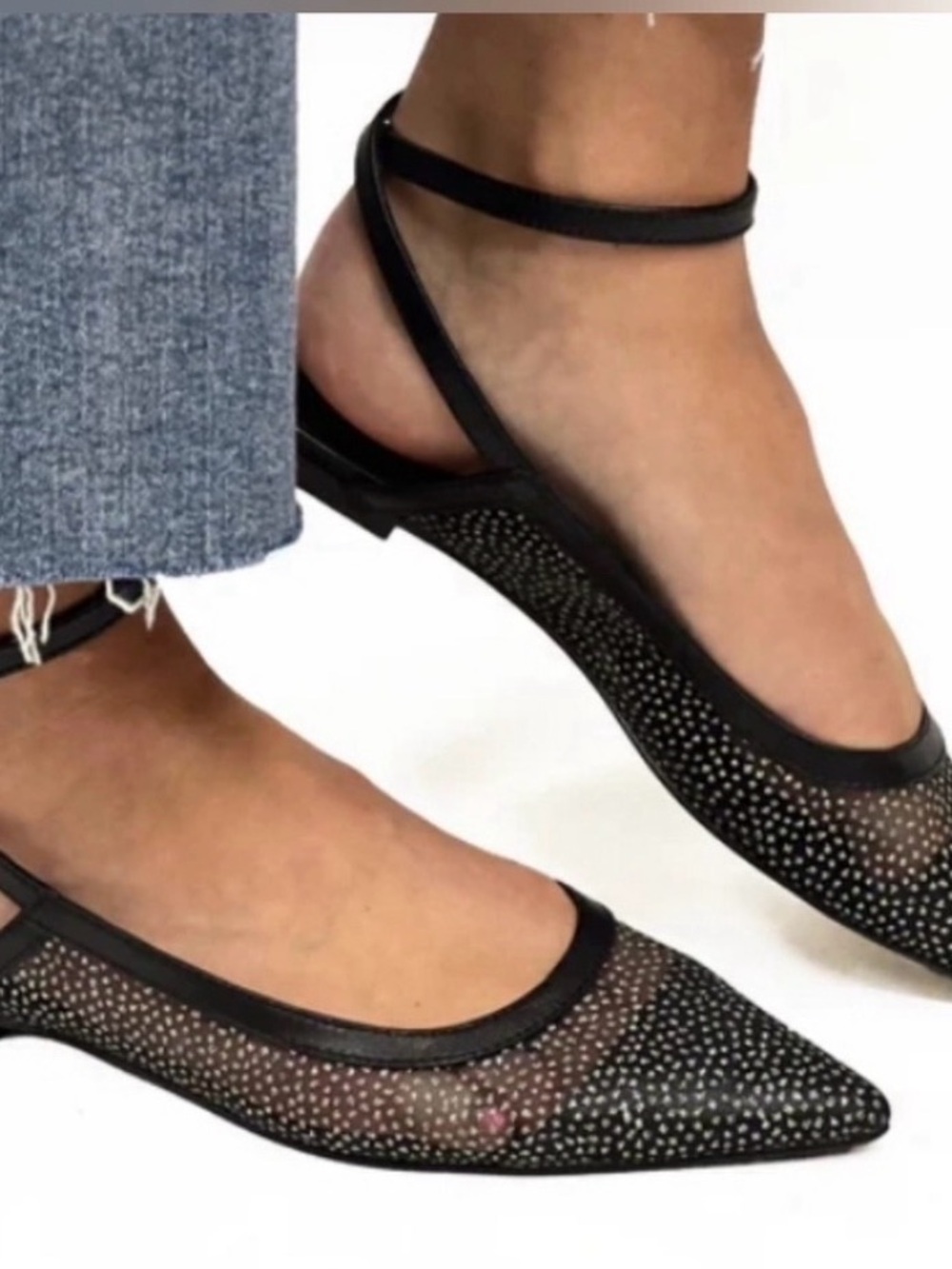 NEW Free People Jules Glitter Mesh Pointed Toe Ankle Strap Flats in BlackSize 7.